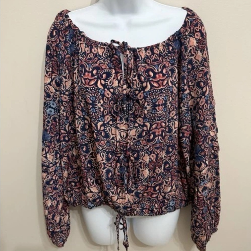 Rose + Olive Tie Neck Floral Paisley Top Tiered Balloon Sleeves Boho Flowy Sz M